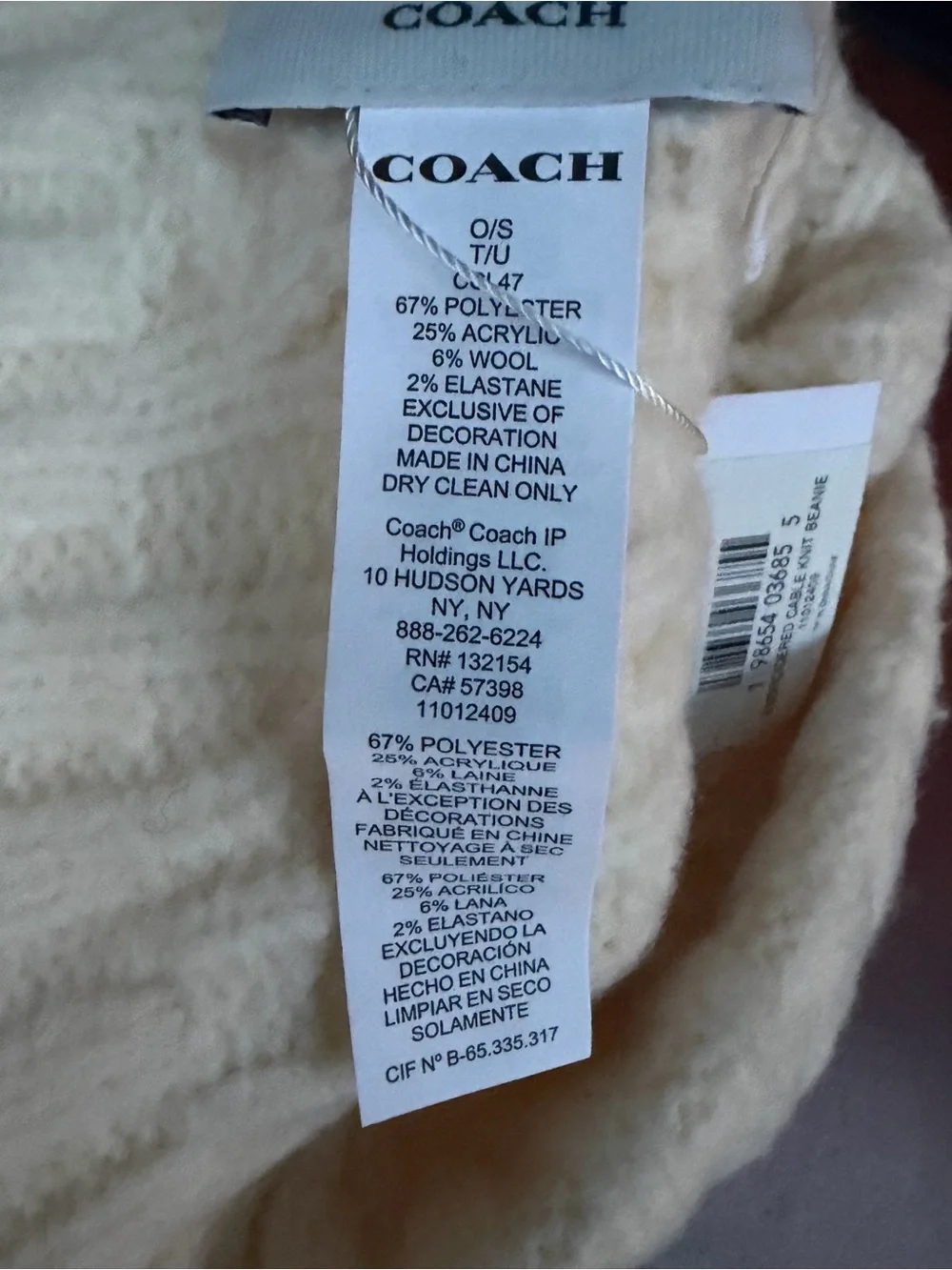Coach Cable Knit Beanie Hat in Chalk